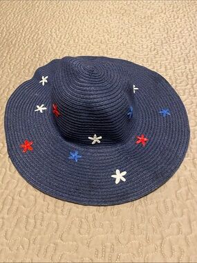 Navy Wide Brim Straw Hat with Red, White & Blue Flowers